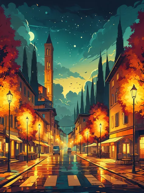 draw cartoon art scene of wide lofi scene of autumn street of italy at night, street light, controlled dim light, beautiful clou...