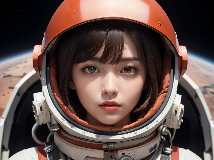 Upper body close-up image. A beautiful woman. Dark brown hair. Her bangs are down. Beautiful double eyes. The bridge of my nose. Well-shaped lips. Twenty years old. She is wearing a red space suit and is on Mars. A masterpiece.