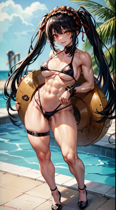 1 girl, bare shoulders, black hair, medium breasts, (muscular legs), white skin, muscular belly, wide hips, thin waist, (((clock eyes))), in the pool with the hot sun, (very sexy black bikini and short), (((being sexy))), full body, hair band, (((all wet))...