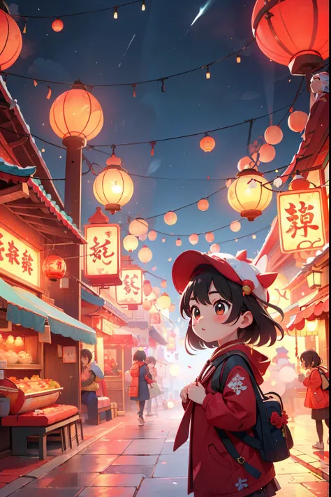 new year’s day，red theme，new year’s day的气氛，little girl wearing dragon hat，which stands on the street，little girl&#39;blessings f...