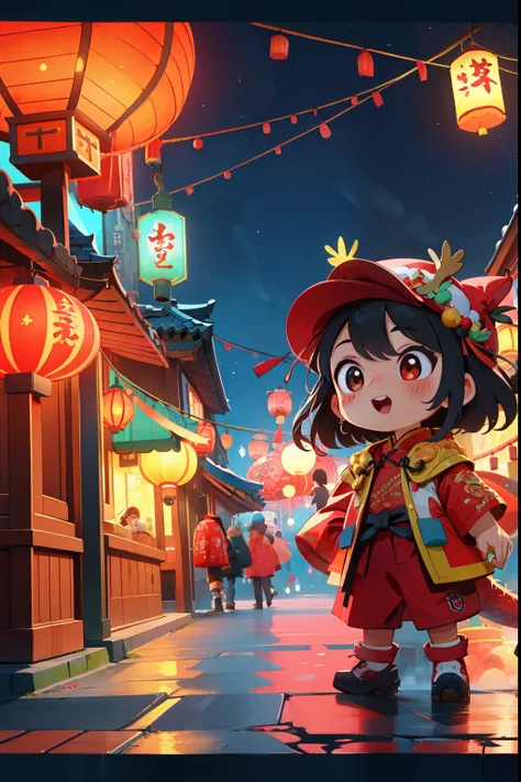 New Year’s Day，red theme，New Year’s Day的气氛，Little girl wearing dragon hat，standing on the street，Little girl&#39;Blessings fireworks bloom in the night sky，The night sky is dyed colorful。The cliff is covered with red lanterns，shrouded in festive atmosphere...