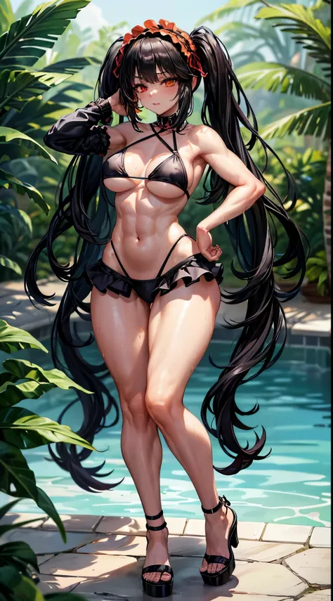 1 girl, bare shoulders, black hair, medium breasts, (muscular legs), white skin, muscular belly, wide hips, thin waist, (((clock eyes))), in the pool with the hot sun, (very sexy black bikini and short), (((being sexy))), full body, hair band, (((all wet))...