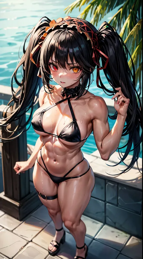 1 girl, bare shoulders, black hair, medium breasts, (muscular legs), white skin, muscular belly, wide hips, thin waist, (((clock eyes))), in the pool with the hot sun, (very sexy black bikini and short), (((being sexy))), full body, hair band, (((all wet))...