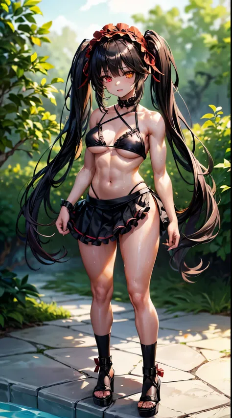 1 girl, bare shoulders, black hair, medium breasts, (muscular legs), white skin, muscular belly, wide hips, thin waist, (((clock eyes))), in the pool with the hot sun, (very sexy black bikini and short), (((being sexy))), full body, hair band, (((all wet))...