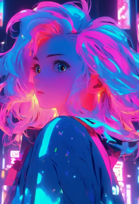 girl 21 years old, pelo largo,Neon lights, cinematography lighting, tendencias en Artstation.