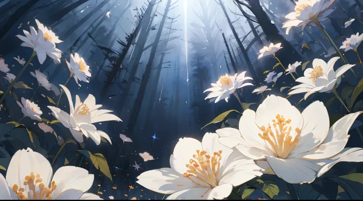 A vacant lot，Flowers grow in open spaces，In the distance is a dark forest，The flowers are bright，light sparkles，Clear skies change from above to dark skies，Look at the camera from below，Dark lighting，volume illumination，super-detail，Environmental details，h...