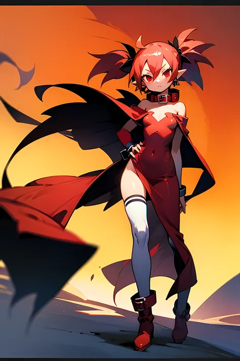 1girls, full entire body, disgaea, Etna, Rote Augen, twintails, Oberschenkel-Highs, Stiefel, Kragen, rotes Kleid, enges Kleid, langes Kleid, seitlicher Schlitz,