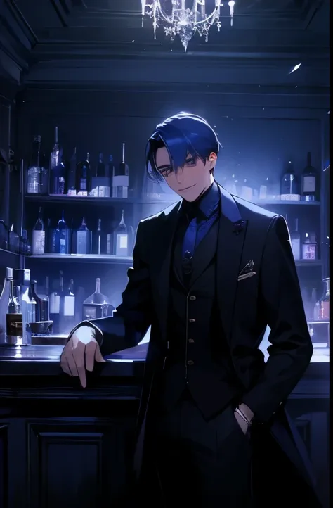 beautiful young man、naby wrench coat、suits、pipes, decadent atmosphere、inside in room、 evil smile, sparks、working at a bar,chic b...