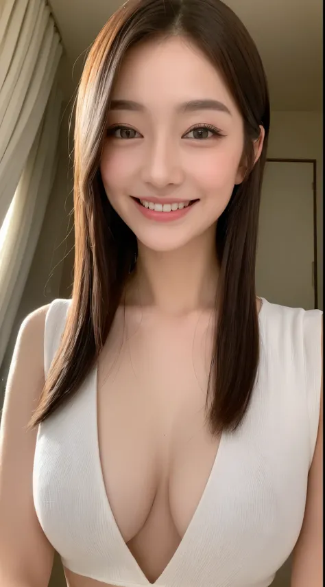 ((top-quality、8K、​masterpiece:1.3))、1girl in、Slim Abs Beauty:1.3、(Hairstyle Casual、Colossal tits:1.2)、doress:1.1、Super fine face、Delicat eyes、二重まぶた、A smile、Home、Smile with closed mouth