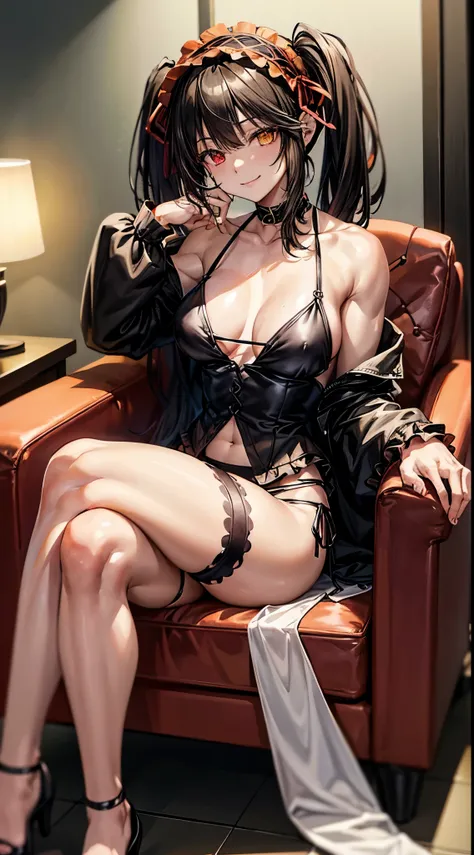 1 girl, bare shoulders, black hair, medium breasts, (muscular legs), muscular belly, wide hips, thin waist, (((clock eyes))), (wearing a very short and sexy bikini), finger to mouth, (((in the motel room))), full body, hairband, (sitting on chair with legs...