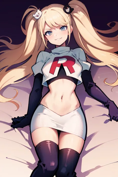 junko enoshima, glossy lips ,team rocket,team rocket uniform, red letter R, white skirt,white crop top,black thigh-high boots, black elbow gloves , looking at viewer, evil smile,