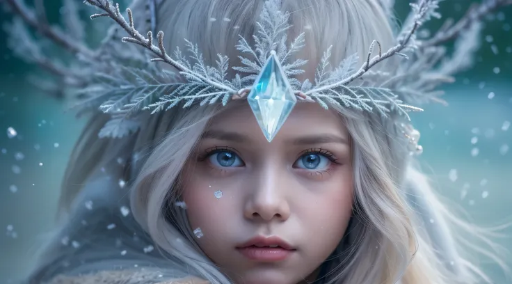 (best quality,4k,8k,Altas,master part:1.2),ultra-detalhado,(Realistic,photoRealistic,photo-Realistic:1.37), witch style rime BLONDE CHILD GIRL ,azul gelado,flocos de neve cintilantes,paisagem congelada,vestido feito de cacos,Mystical aura,magic crystals re...