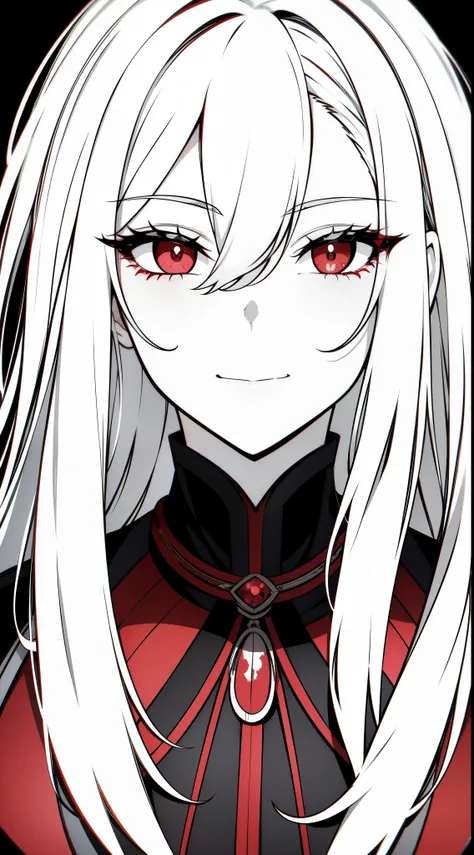 {8k image}, 1beautiful woman, 30 years old, messy white hair, red eyes, looking at the viewer smiling, blood coming from the nose, slave collar around the neck, {face portrait}, facing the camera, looking directly at the camera, manga art style, lineart, b...