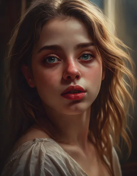 (best quality, HDR, Altas, Realistic:1.37), pintura detalhada,1girl,soio,olhos detalhados,beautiful detailed lips,Fundo,  artistas conceituais, poetic, majestoso, sereno, cores elegantes, soft lighting, peaceful atmosphere, pinceladas sutis, movimento grac...