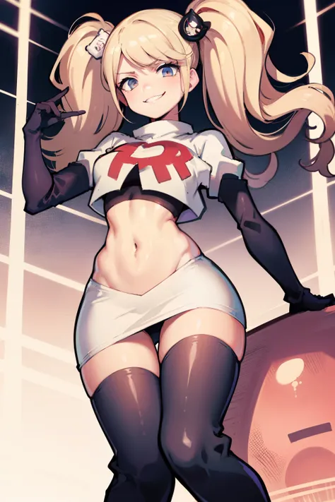 junko enoshima, glossy lips ,team rocket,team rocket uniform, red letter R, white skirt,white crop top,black thigh-high boots, black elbow gloves , looking at viewer, evil smile,