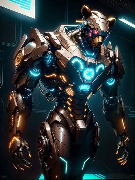 realistic,shiny,reflective,bioluminic, galactic cybernetic mask,mecha,( Bear cyborg:1.2)sh4g0d,GlowingRunes_brown, slim body, fullbody, cinemnatic, colourful neon lights in the background, back light, high contrast, colourful