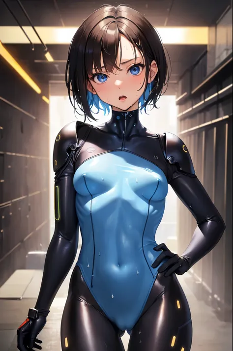 (masterpiece Best Quality, absurderes, Perfect Anatomy, Unity 8k Wallpapers,best cell anime), Detailed beautiful face and eyes,cowboy shot,(focus 1woman,solo:1.2),18-year-old beauty、short cut hair,dark brown hair,blue eyes,(o shy expression:1.3,Open your m...