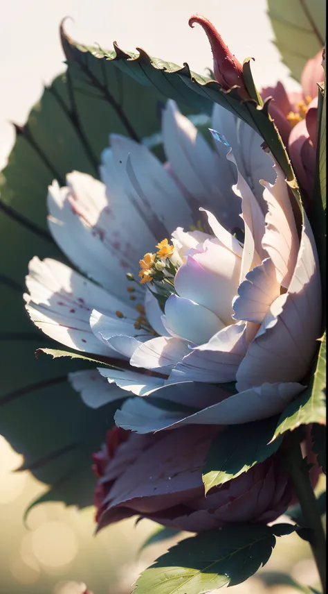 Masterpiece , Macro photography , cobweb, film grain, bokeh , green smoke , highly detailed, sunny weather, microflowers, shine, blur, realistic crystal rose and shaggy peony close-up, azure background, soft contrast, octane render ,