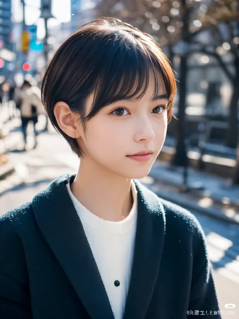 Photorealsitic, 8K, Full body portrait, Beautuful Women, A charming expression, Clear department, Shorthair, 18year old, TOKYOcty, Winters, Shibuya in the background