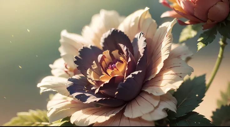 Masterpiece , Macro photography , cobweb, film grain, bokeh , green smoke , highly detailed, sunny weather, microflowers, shine, blur, realistic crystal rose and shaggy peony close-up, azure background, soft contrast, octane render ,