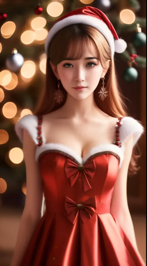 Best quality,masterpiece,ultra high res,(photorealistic:1.4),anime girl,shoulder,charming,Looking at the camera, wearing Christmas dress