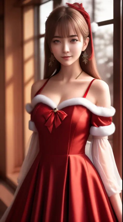 Best quality,masterpiece,ultra high res,(photorealistic:1.4),anime girl,shoulder,charming,Looking at the camera, wearing Christmas dress