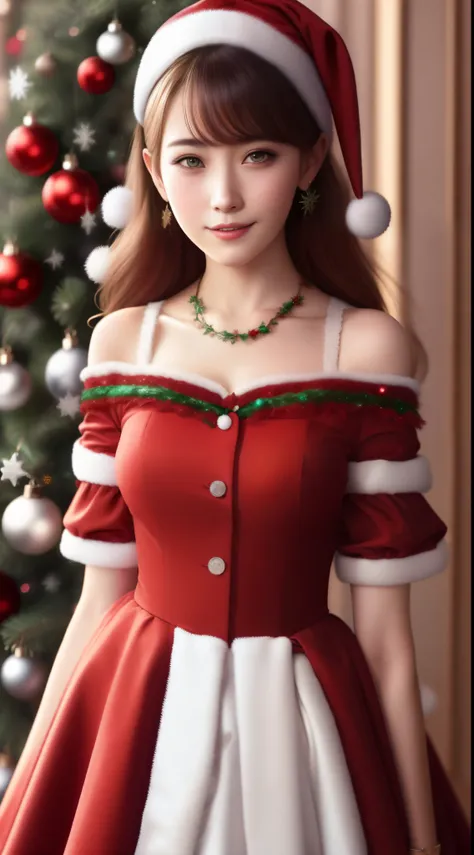 Best quality,masterpiece,ultra high res,(photorealistic:1.4),anime girl,shoulder,charming,Looking at the camera, wearing Christmas dress