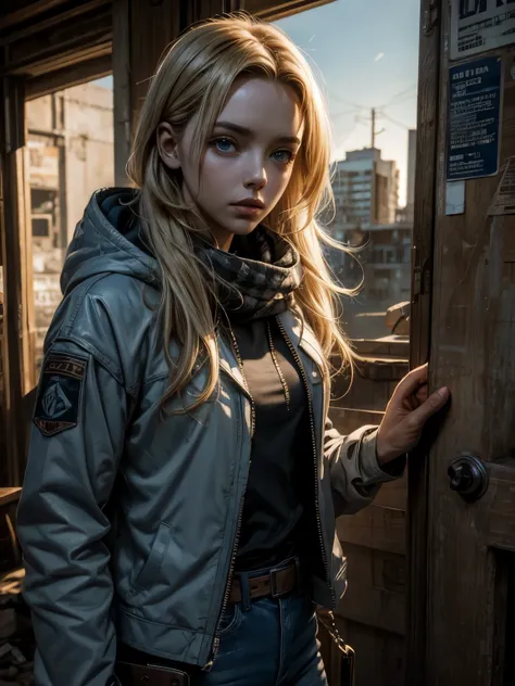 Photorealistic, dramatic lighting, close-up of Jodie Comer, scruffy softshell jacket, baggy hoodie, keffiyeh, jeans, equipment belt with knife sheath, pale blue eyes, messy blonde hair, frightened expression, derelict city ruins at sunrise