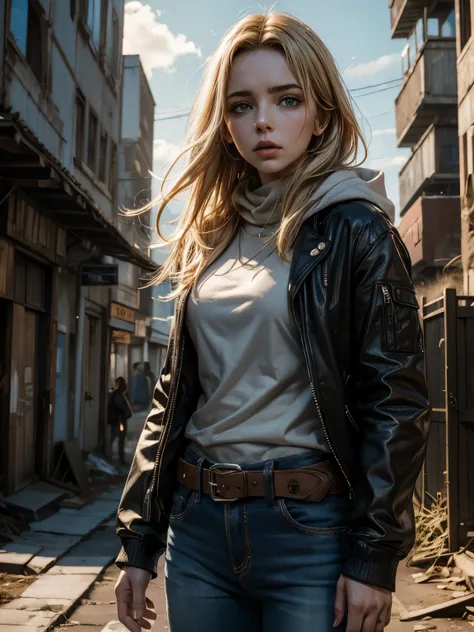 Photorealistic, dramatic lighting, close-up of Jodie Comer, scruffy softshell jacket, baggy hoodie, keffiyeh, jeans, equipment belt with knife sheath, pale blue eyes, messy blonde hair, frightened expression, derelict city ruins at sunrise