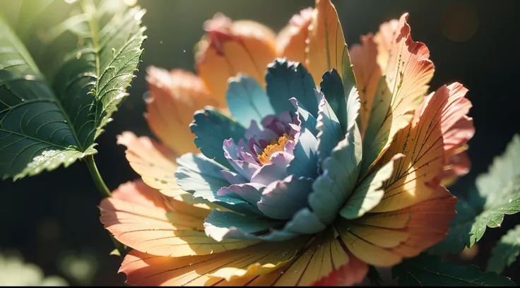 Masterpiece , Macro photography , cobweb, film grain, bokeh , green smoke , highly detailed, sunny weather, microflowers, many flowers, shine, blur, realistic crystal rose and shaggy peony close-up, azure background, soft contrast, octane render ,