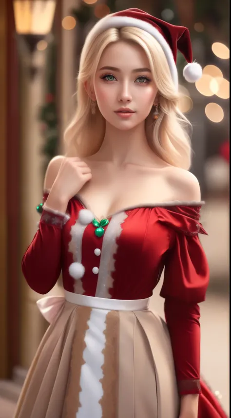 Best quality,masterpiece,ultra high res,(photorealistic:1.4),anime blonde girl, perfect body, perfect face, shoulder,charming,Looking at the camera, wearing Christmas dress