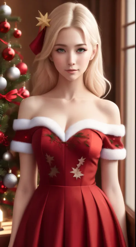 Best quality,masterpiece,ultra high res,(photorealistic:1.4),anime blonde girl, perfect body, perfect face, shoulder,charming,Looking at the camera, wearing Christmas dress