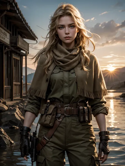 Photorealistic, dramatic lighting, close-up of Sorcha Groundsell, scruffy khaki poncho, camouflage keffiyeh, khaki trousers, equipment belt with gun holster and knife sheath, pale blue eyes, braided blonde hair, fierce expression, flooded town at sunrise