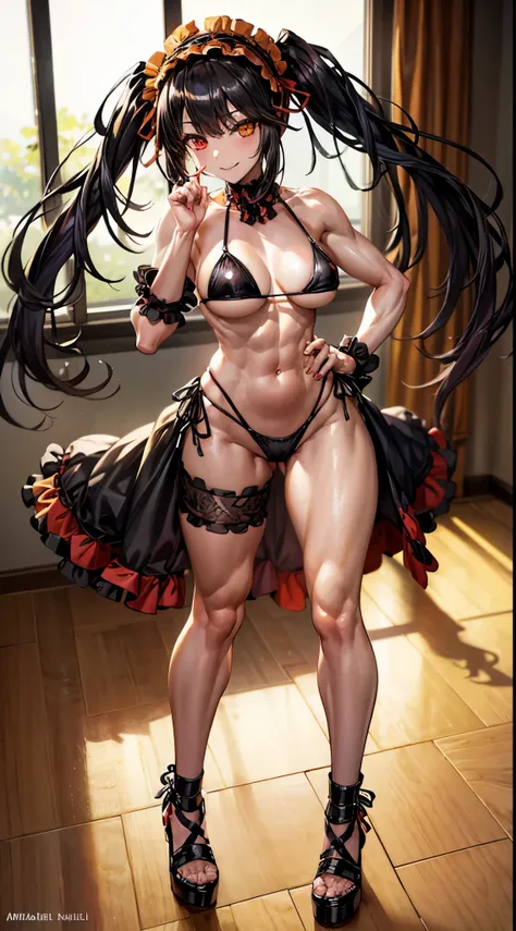 1 girl, bare shoulders, black hair, medium breasts, (muscular legs), muscular belly, wide hips, thin waist, (((clock eyes))), (wearing a very short and sexy bikini), finger to mouth, ( ((in the motel room))), full body, hair band, (with her back to me show...