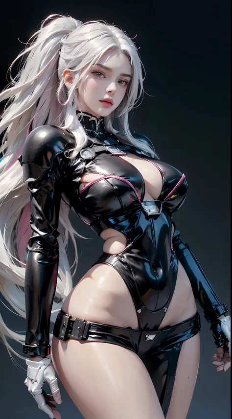 photorealistic, high resolution, 1women, Kendall Jenner, shining skin, solo, jewelry, pink lip, long hair, white hair, closed mouth, big breast, hips up, wearing black coths, mecha musume, mechanical parts, robot joints, single mechanical arm, headgear