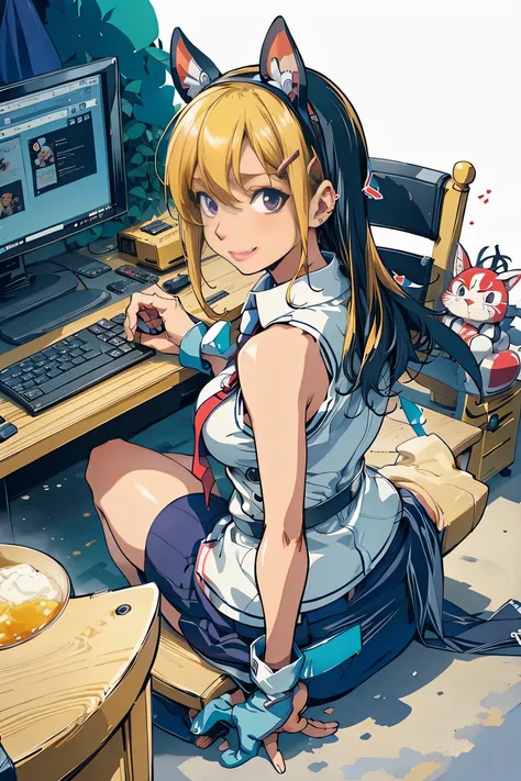 masutepiece, Best Quality, twitch-chan, hair clips, Hair Ornament, Collared shirt, Sleeveless, neck tie, gloves, sitting behind a desk, Looking at Viewer, Smile, Waving, bedroom, bed, Computer Mouse, keyboard