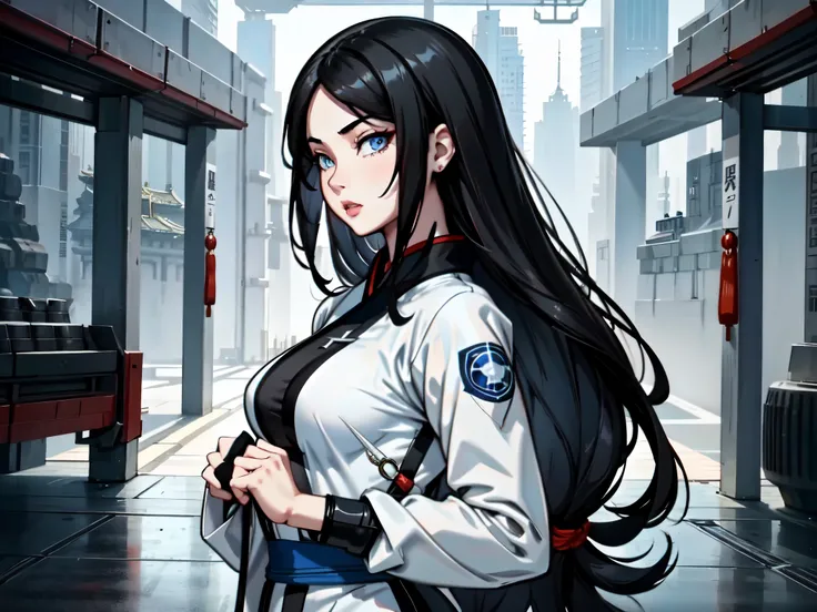 A (Chinese) female, with long dark (black) hair, blue eyes, pale (grey skin), (athletic), tall woman, (alluring fighter), (cute) martial-arts garb, (humanoid) alien, (Sci-fi) fantasy, (medium shot), perfect composition, hyper-detailed, 8K, high quality, (p...