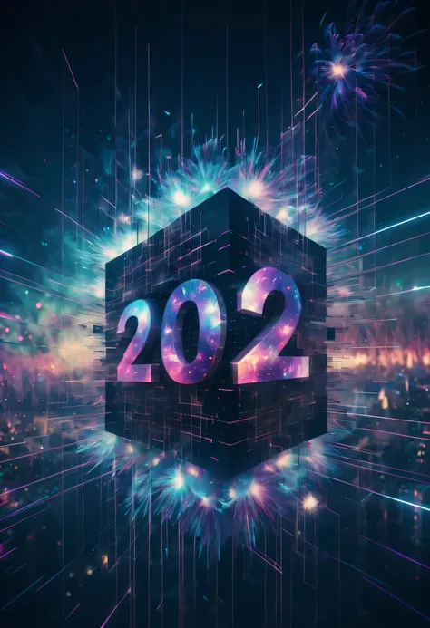 Dubrec style,Cybernetics appear in the sky.The prospect of fireworks on new year’s Eve 2024,Gorgeous fireworks,(Multiple exposure 1.8),(Digital signage,2024:1.5),technology city,artificial intelligence neuron,network matrix,new year&#39;Eve Visual Poster,I...