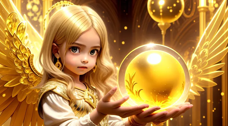 blonde children golden angel girl with a burning crystal ball in her hand. fundo vermelho