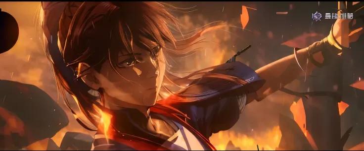 cartoon character holding knife in hand，the background is fire, epic 8k hd anime shot, akira cgi movie stills, from kenshin, sha...