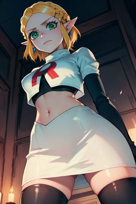 Zelda, green eyes, short hair ,team rocket,team rocket uniform, red letter R, white skirt,white crop top,black thigh-high boots ,black elbow gloves, sinister villianess look, looking down on viewer, arms behind back