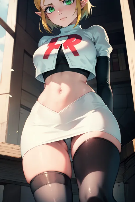 Zelda, green eyes, short hair ,team rocket,team rocket uniform, red letter R, white skirt,white crop top,black thigh-high boots ,black elbow gloves, sinister villianess look, looking down on viewer, arms behind back