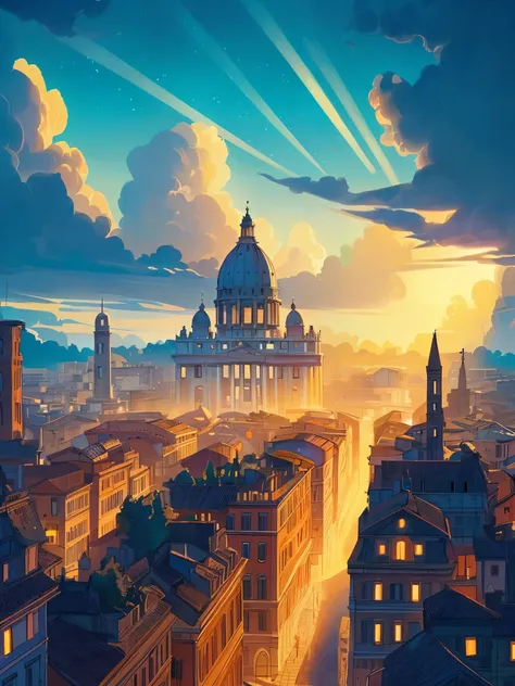 Draw cartoon art scene of Rome, controlled dim light, beautiful sky, vibrant colors, masterpiece, peaceful scene, no one,