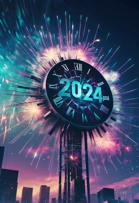 dubrec style,cybernetic clock appears in the sky.the prospect of fireworks on new year’s eve 2024,gorgeous fireworks,(multiple e...