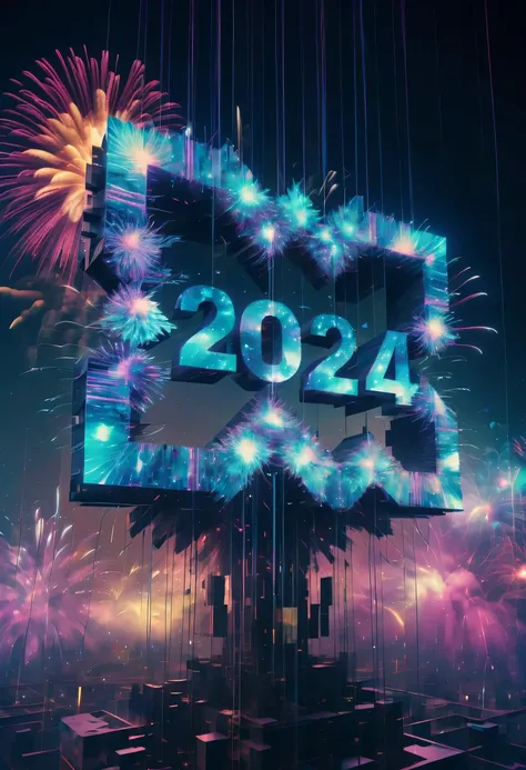 Dubrec style,Cybernetics appear in the sky.The prospect of fireworks on new year’s Eve 2024,Gorgeous fireworks,(Multiple exposure 1.8),(Digital signage,2024:1.5),technology city,artificial intelligence neuron,network matrix,new year&#39;Eve Visual Poster,I...