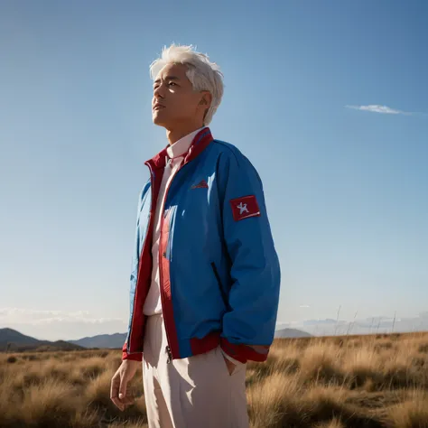 1 man, white hair, night blue jacket, cloud background