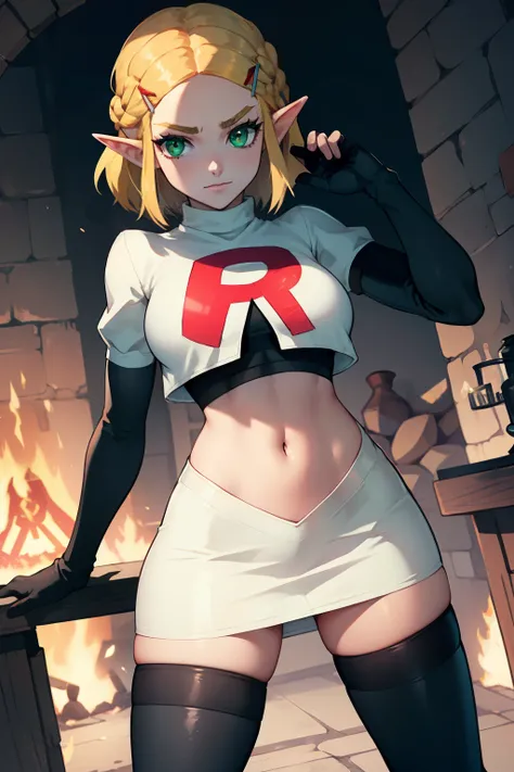 Zelda, green eyes, short hair ,team rocket,team rocket uniform, red letter R, white skirt,white crop top,black thigh-high boots ,black elbow gloves, sinister villianess look,