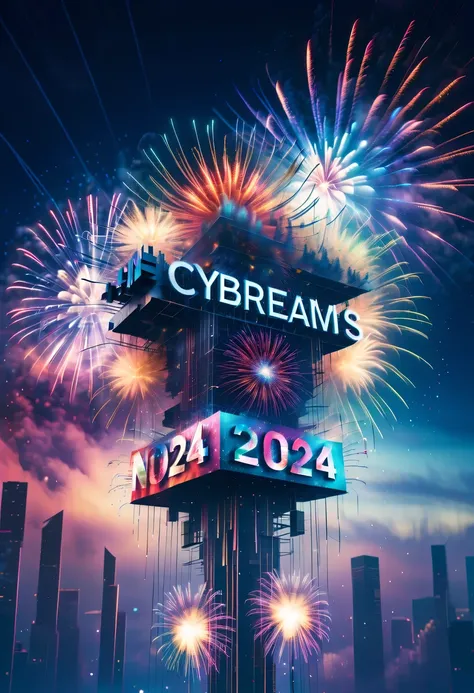 Dubrec style,Cybernetics appear in the sky.The prospect of fireworks on new year’s Eve 2024,Gorgeous fireworks,(Multiple exposure 1.8),(Digital signage,2024:1.5),technology city,artificial intelligence neuron,network matrix,new year&#39;Eve Visual Poster,I...