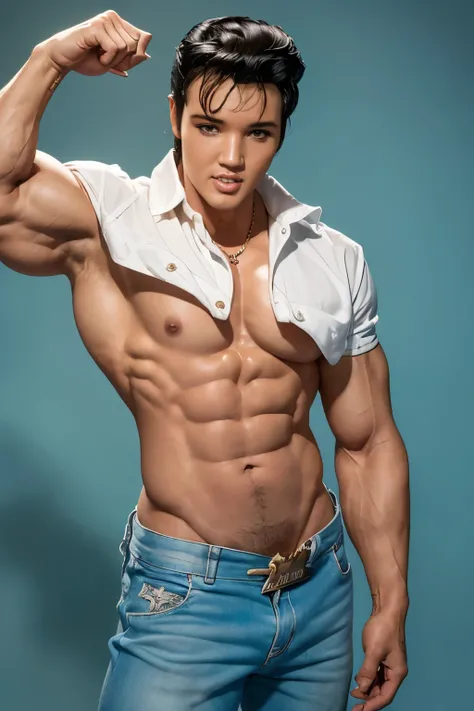 (((Elvis Presley))), (((((bodybuilder))))), a cute boy, 20 years old handsome boy, smile, short hair, bikini brief, (((very muscular body, vascularity, veins))), upper-body portrait, upper-body Image, real man, (barefeet, barefoot), abnormally developed mu...