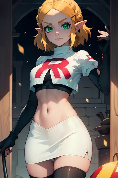 Zelda, green eyes, short hair ,team rocket,team rocket uniform, red letter R, white skirt,white crop top,black thigh-high boots ,black elbow gloves, sinister villianess look,